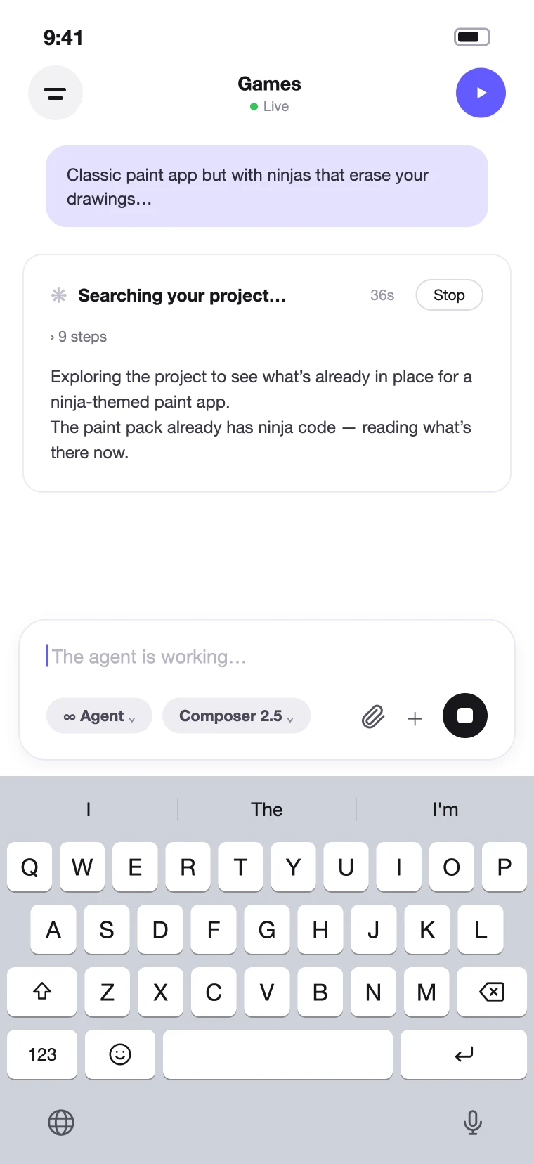 The iPhone agent chat with a live run in progress: the agent's narration, a step counter, a stop button, and the message composer