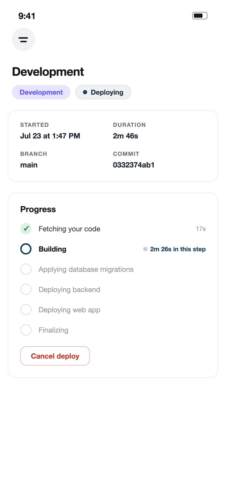 The iPhone deploy detail screen with environment chips, a deploying status, and a live step-by-step progress list