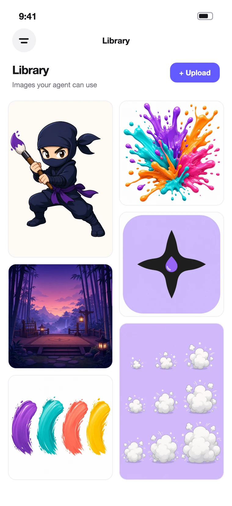 The iPhone Library screen with an upload button and a grid of images and assets