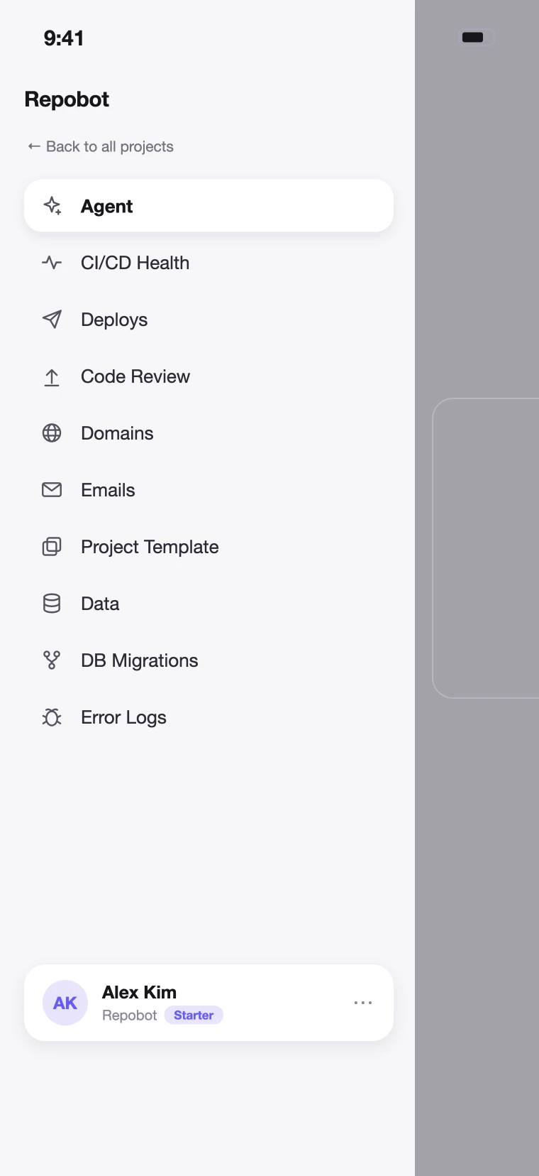 The iPhone project drawer listing every project tool: Agent, CI/CD Health, Deploys, Code Review, Domains, Emails, Project Template, Data, DB Migrations, and Error Logs
