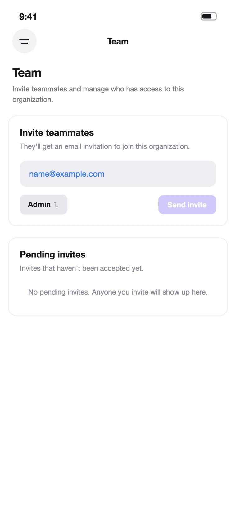 The iPhone Team screen with an invite card: an email field, a role picker, and a send button